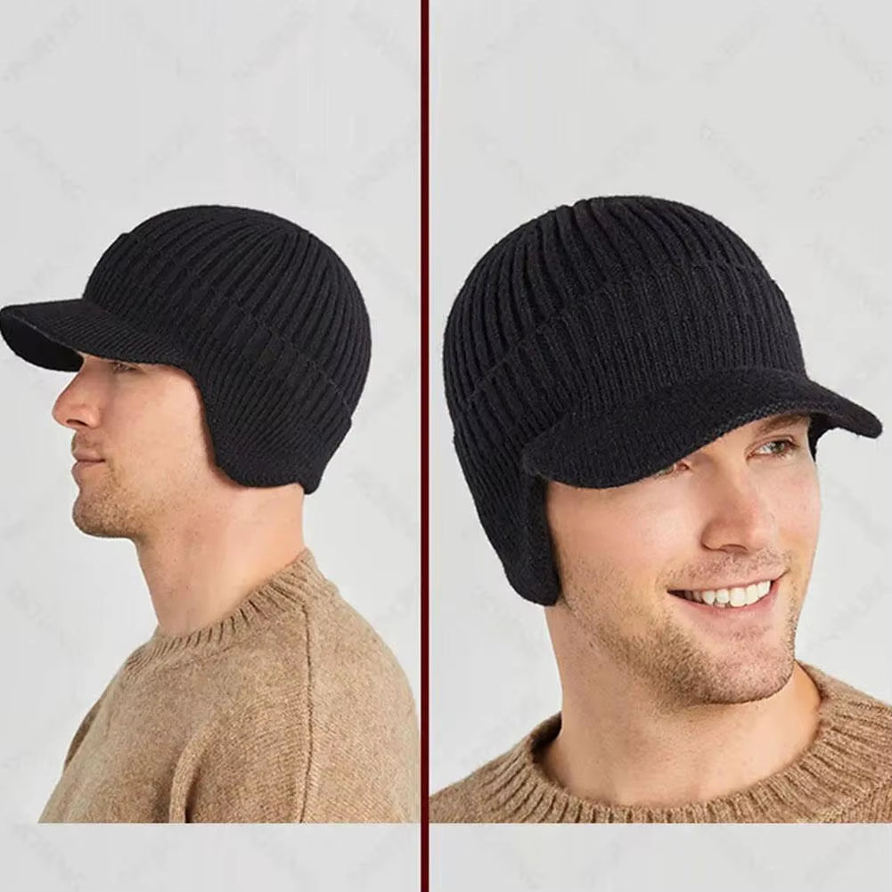 Men's Windproof Knitted Cap with Scarf and Duck Visor for Outdoor Activities