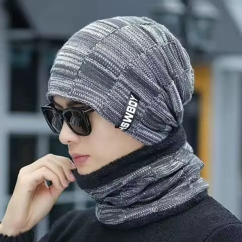 Men's Winter Wool Hat with Ear Protection and Windproof Visors - Thick Knitted Cap and Scarf for Outdoor Activities