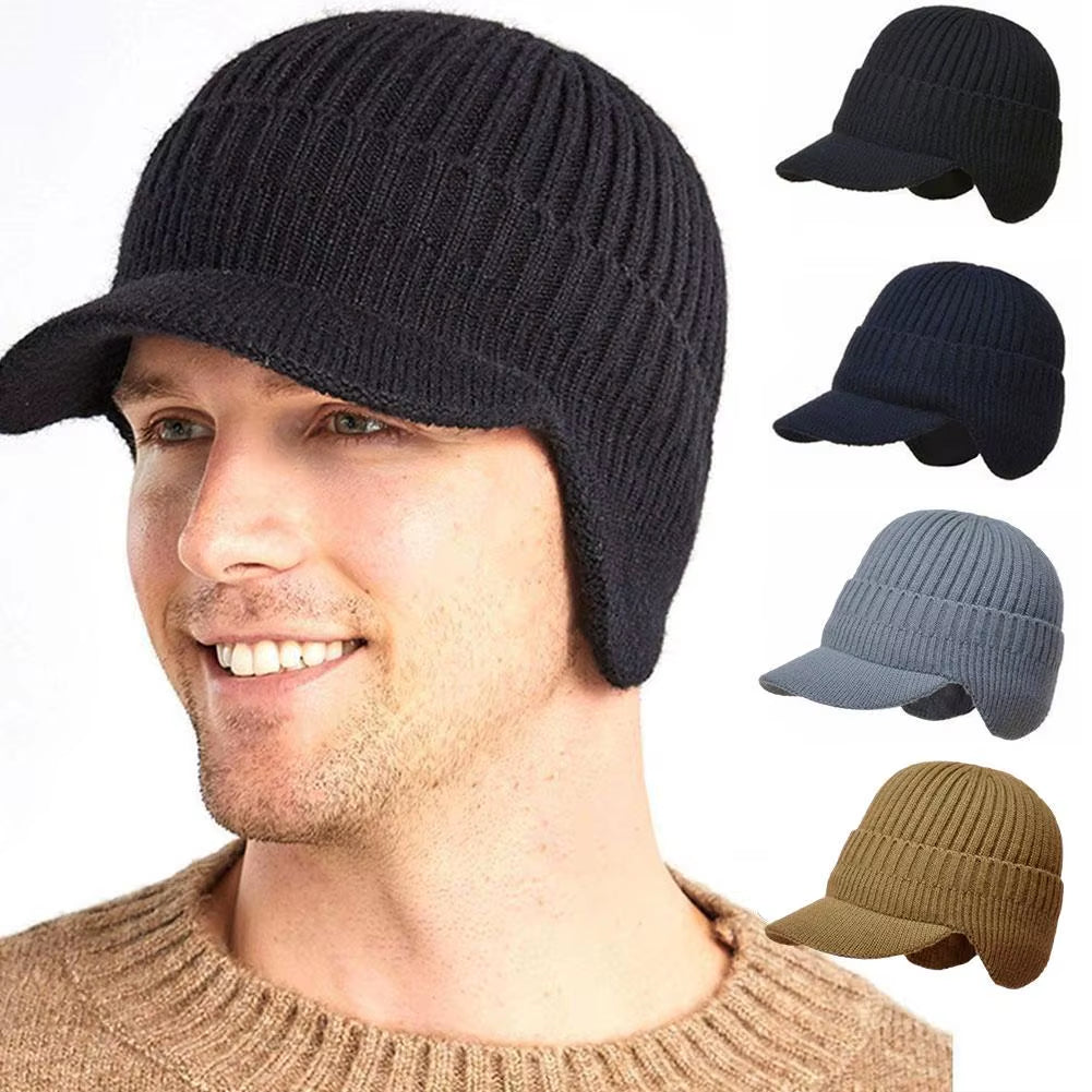Men's Windproof Knitted Cap with Scarf and Duck Visor for Outdoor Activities