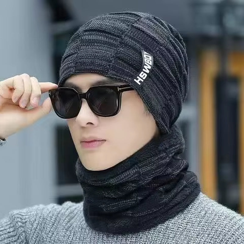 Men's Winter Wool Hat with Ear Protection and Windproof Visors - Thick Knitted Cap and Scarf for Outdoor Activities