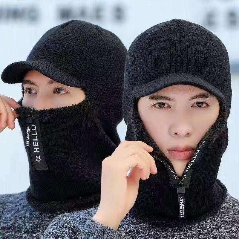 Men's Winter Wool Hat with Ear Protection and Windproof Visors - Thick Knitted Cap and Scarf for Outdoor Activities