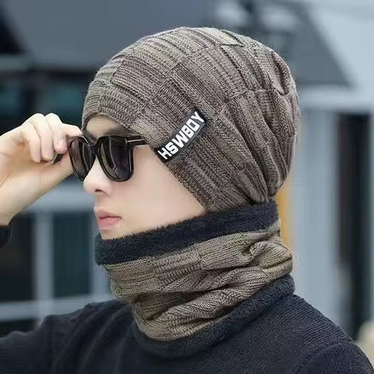 Men's Winter Wool Hat with Ear Protection and Windproof Visors - Thick Knitted Cap and Scarf for Outdoor Activities