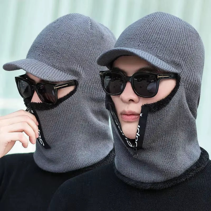 Men's Winter Wool Hat with Ear Protection and Windproof Visors - Thick Knitted Cap and Scarf for Outdoor Activities