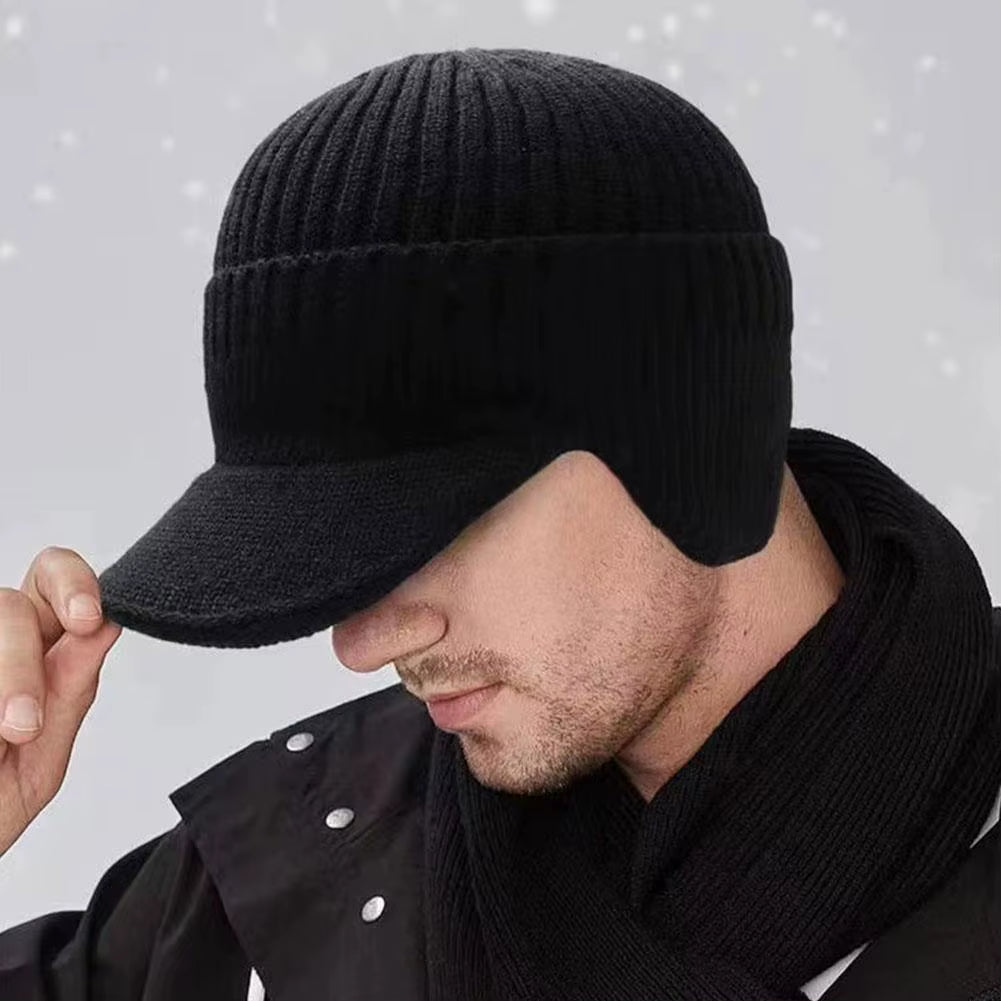 Men's Windproof Knitted Cap with Scarf and Duck Visor for Outdoor Activities