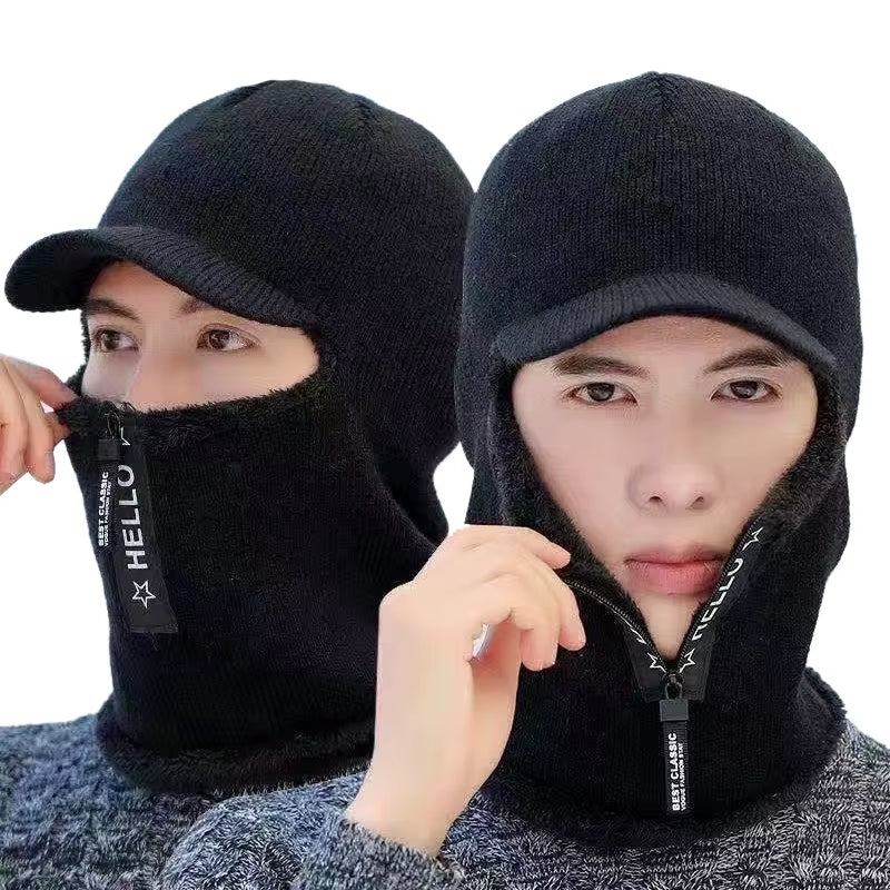 Men's Winter Wool Hat with Ear Protection and Windproof Visors - Thick Knitted Cap and Scarf for Outdoor Activities