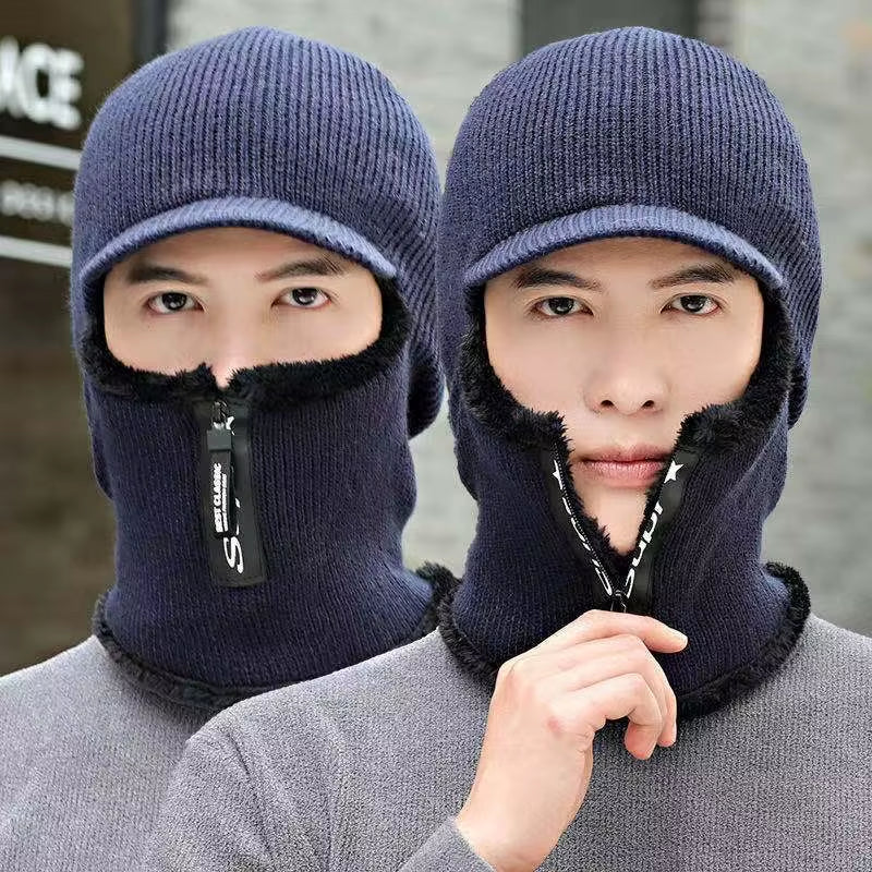 Men's Winter Wool Hat with Ear Protection and Windproof Visors - Thick Knitted Cap and Scarf for Outdoor Activities