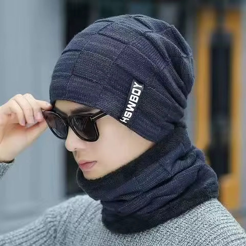 Men's Winter Wool Hat with Ear Protection and Windproof Visors - Thick Knitted Cap and Scarf for Outdoor Activities