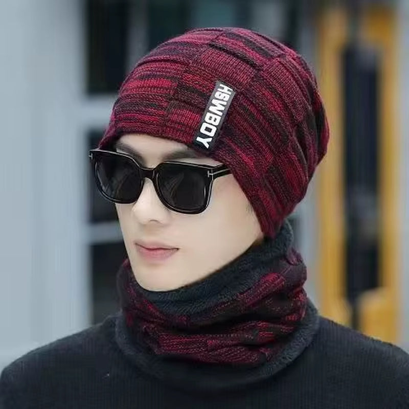 Men's Winter Wool Hat with Ear Protection and Windproof Visors - Thick Knitted Cap and Scarf for Outdoor Activities