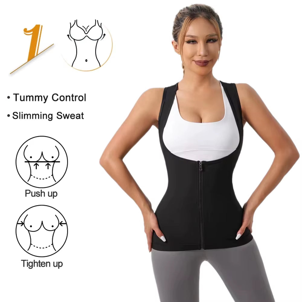 1Pcs Sauna Suit for Women Workout Waist Trainer Sweat Vest Tummy Control Zipper Body Cincher Tank Top with Straps