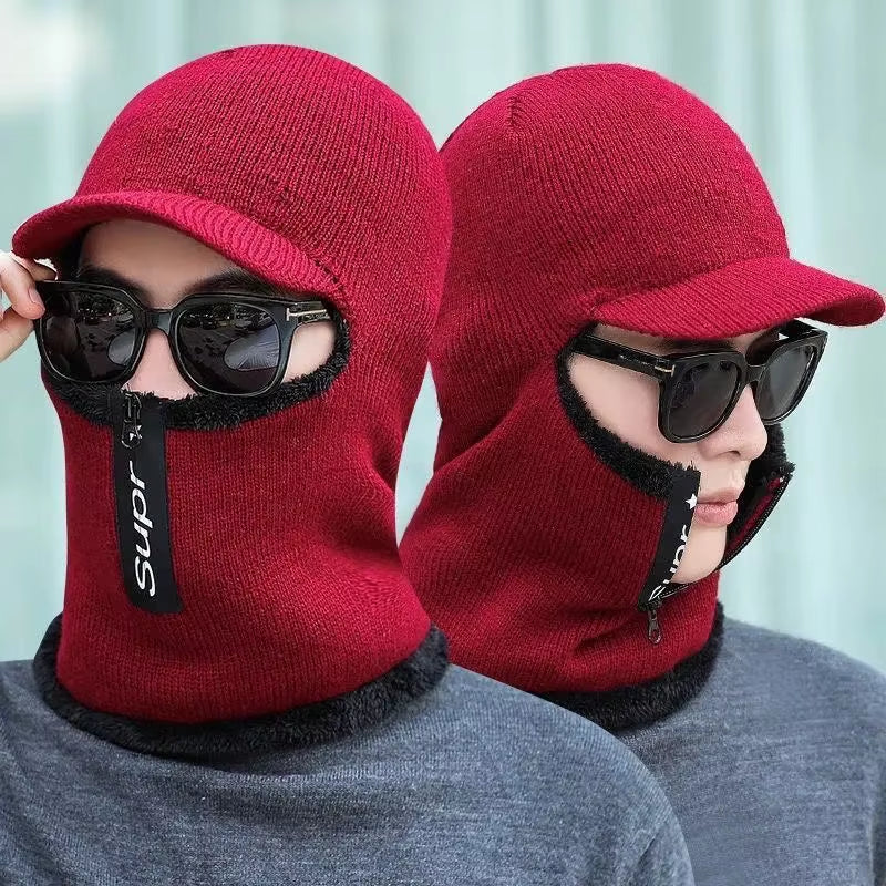 Men's Winter Wool Hat with Ear Protection and Windproof Visors - Thick Knitted Cap and Scarf for Outdoor Activities